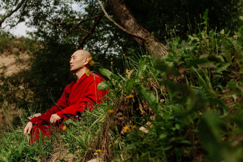 Boy in Red Hoodie Sitting on Green Grass Field